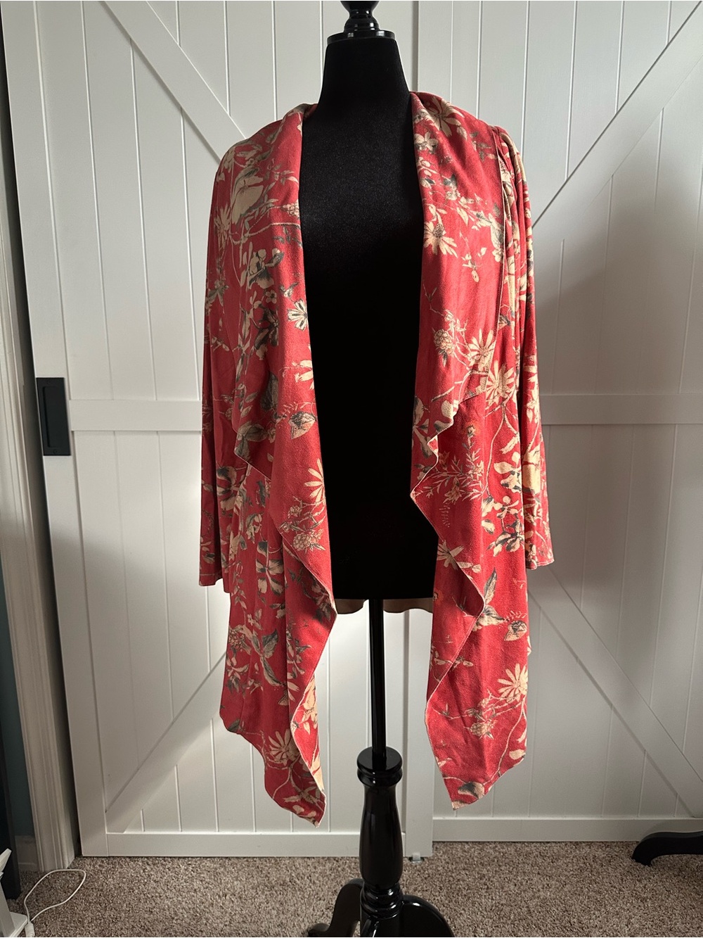 Soft Surroundings L Red Floral Faux Suede Waterfall Drape Cardigan Jacket